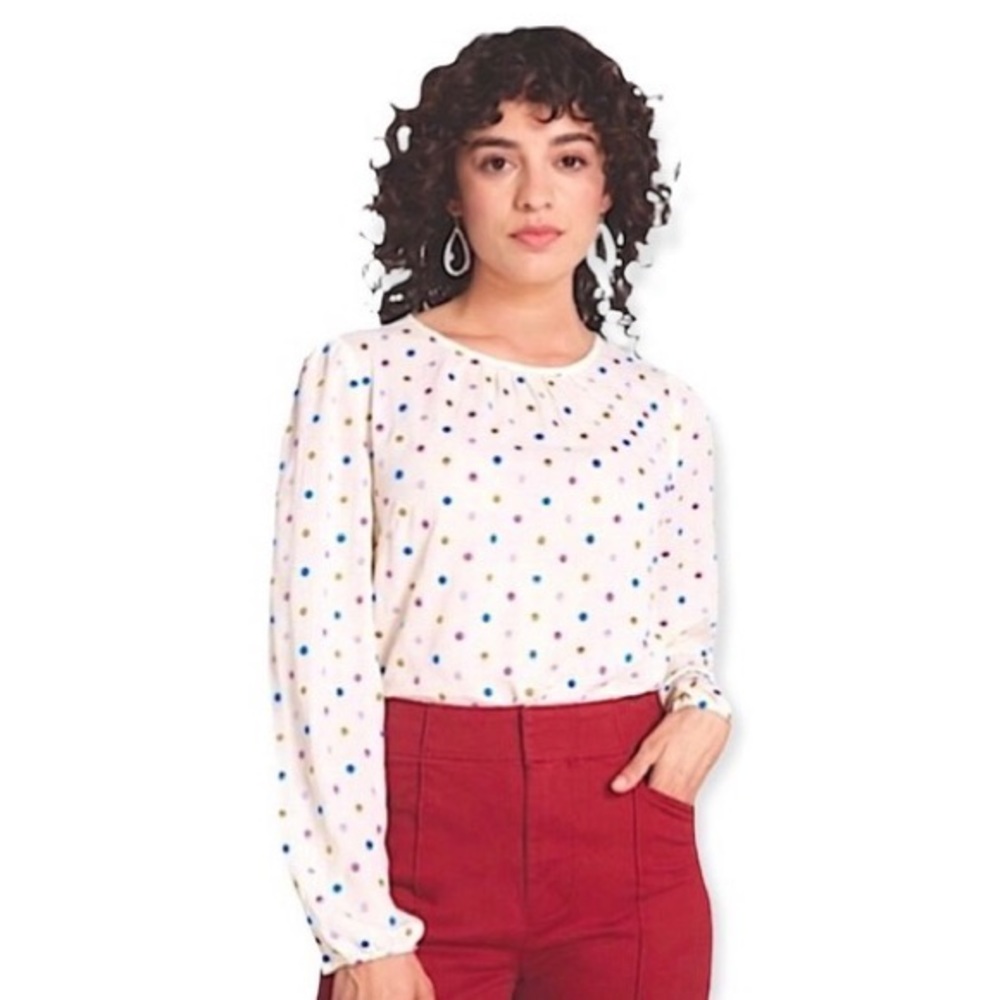 ModCloth Expect Success Embroidered Polka Dot Long Sleeve Blouse Women’s…